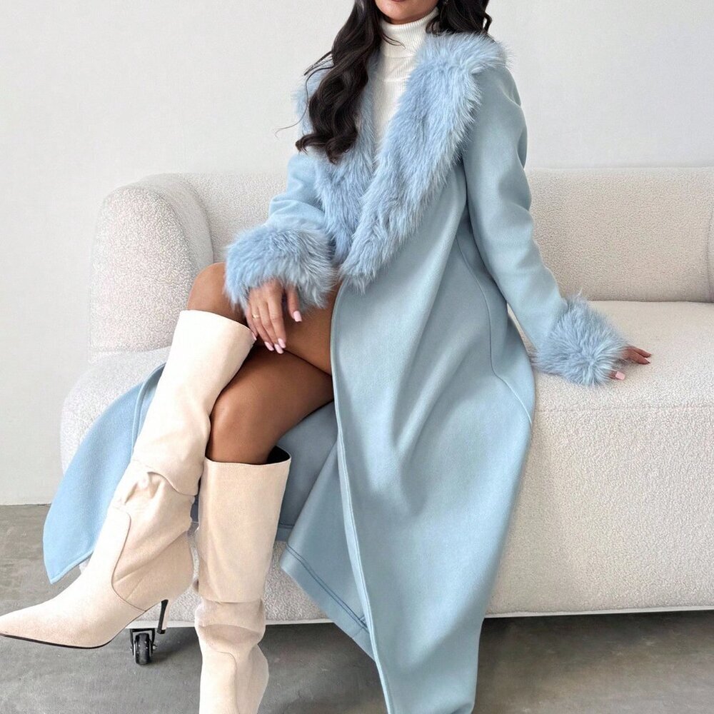Baby Blue Elegant Women's Mid-Length Coat with Fur Collar - Picture 6 of 10